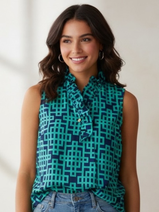 Mud Pie Tops - Mud Pie Teal & Navy Geometric Ruffle Sleeveless Blouse